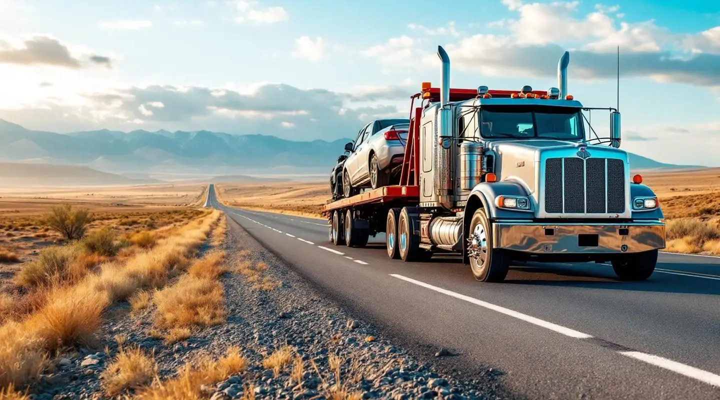 A professional flatbed tow truck transporting a family SUV along a scenic Vancouver Island highway near Victoria at sunset.
