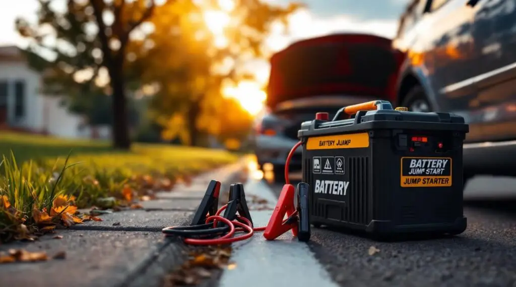 A professional roadside technician using a portable power pack to jump start a car on a rainy Victoria street.