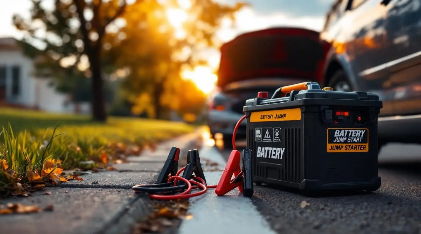 A professional roadside technician using a portable power pack to jump start a car on a rainy Victoria street.