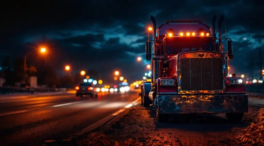 A professional flatbed tow truck with amber lights active assisting a family sedan on a rain-slicked Victoria street at dusk.