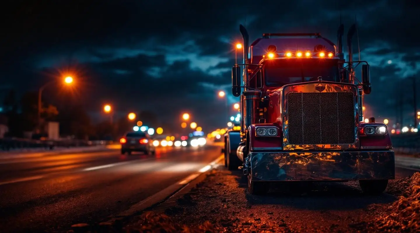 A professional flatbed tow truck with amber lights active assisting a family sedan on a rain-slicked Victoria street at dusk.