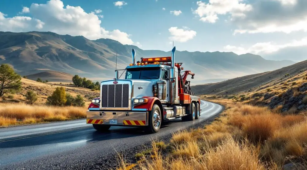 Heavy-duty rotator wrecker with amber lights performing a vehicle recovery on a wet Victoria highway at dusk.