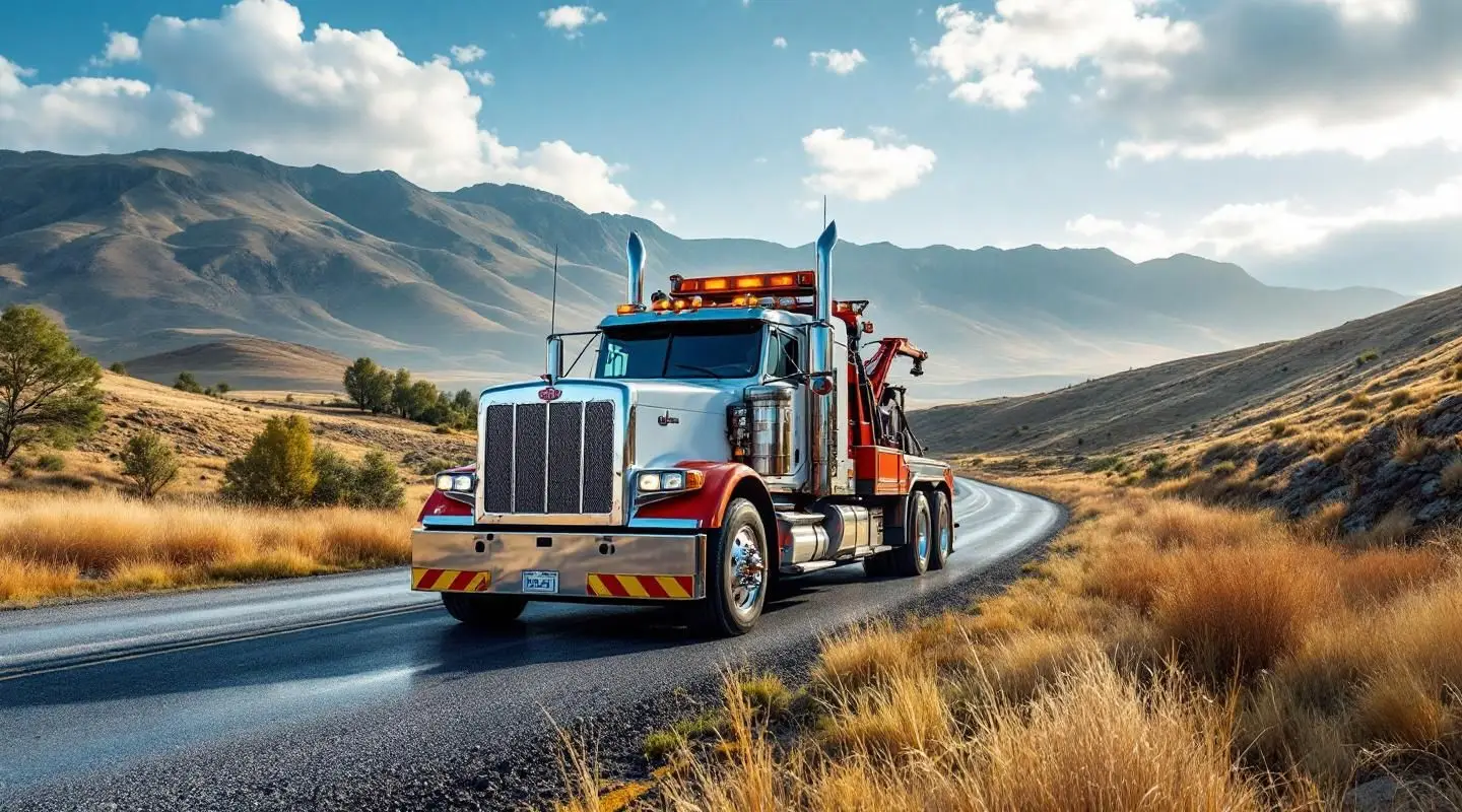 Heavy-duty rotator wrecker with amber lights performing a vehicle recovery on a wet Victoria highway at dusk.