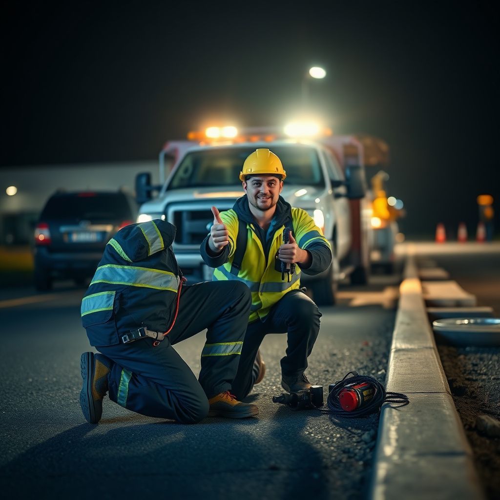 A close-up of a tow truck's safety lights flashing at night on a North Saanich road, symbolizing 24/7 reliability.