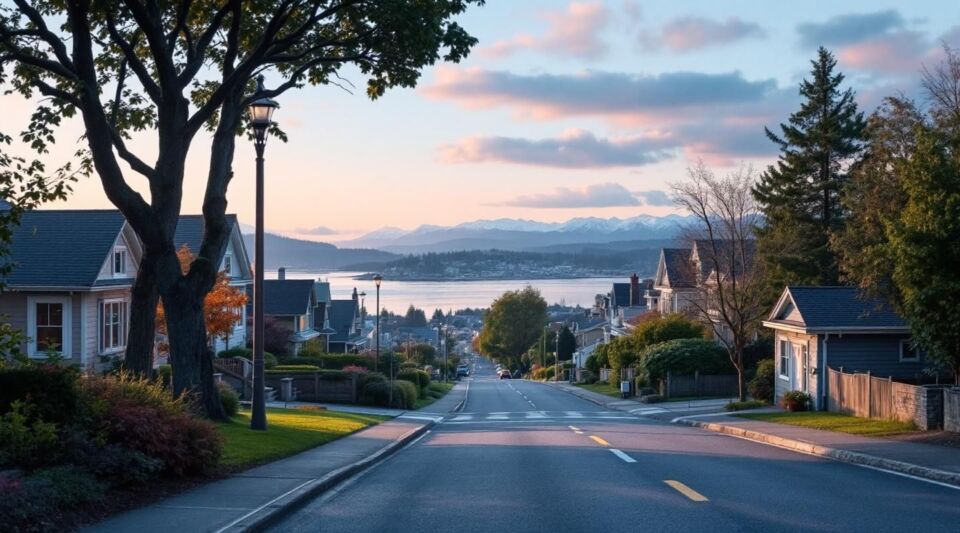 A professional flatbed tow truck parked safely along the scenic Beach Drive in Oak Bay, BC, with the ocean in the background.