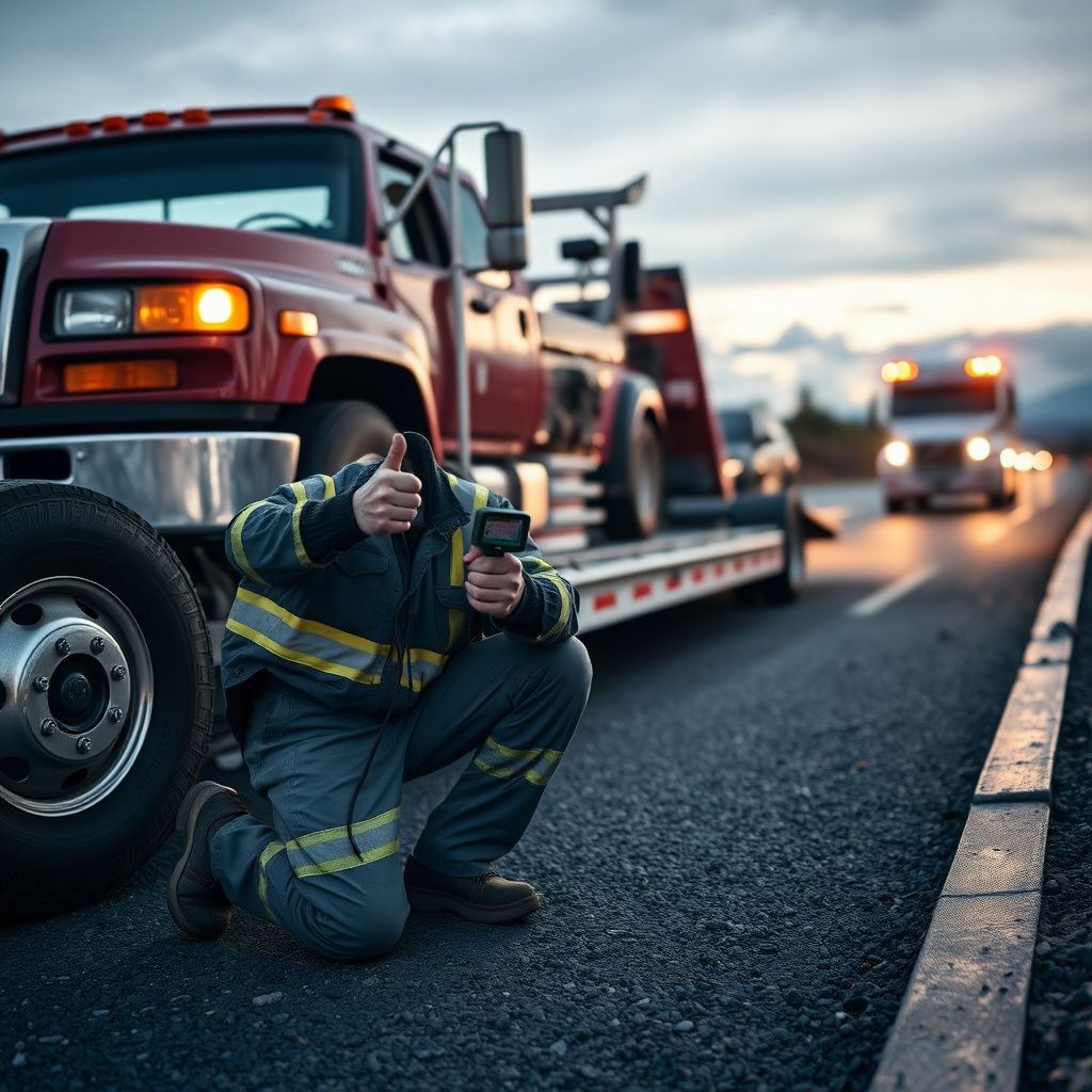 A Victoria Towing Service operator assisting a motorist with a jump-start on a rainy View Royal morning.