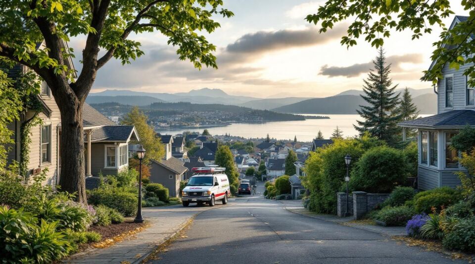 A professional flatbed tow truck parked safely on the shoulder of Highway 17 near North Saanich during a clear coastal sunset.