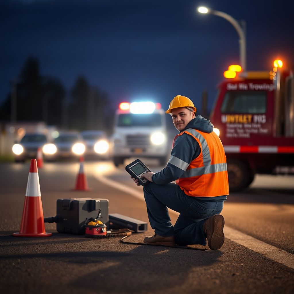 A tow truck technician performing a battery jump start for a customer in a Central Saanich parking lot.
