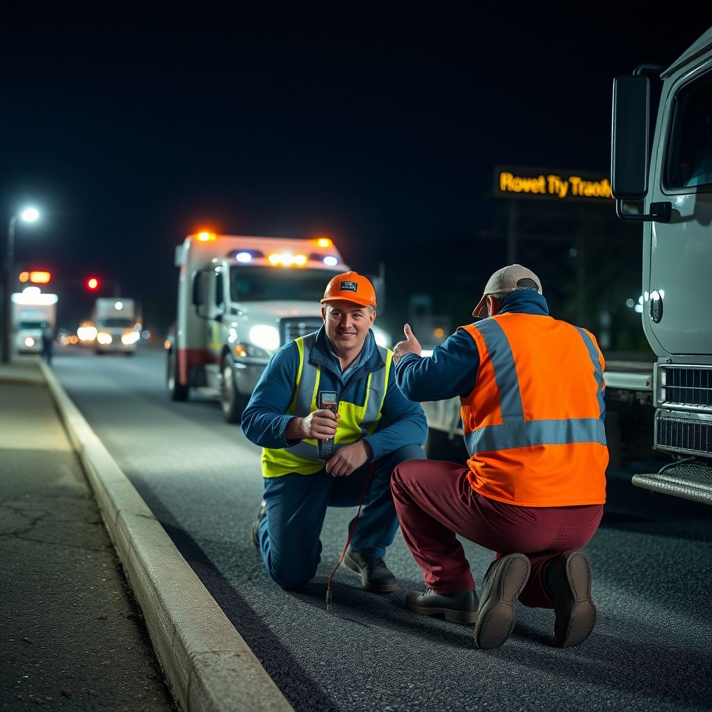 A close-up of a tow truck's safety lights flashing at night on a dark Brentwood Bay road, signaling a safe recovery zone.