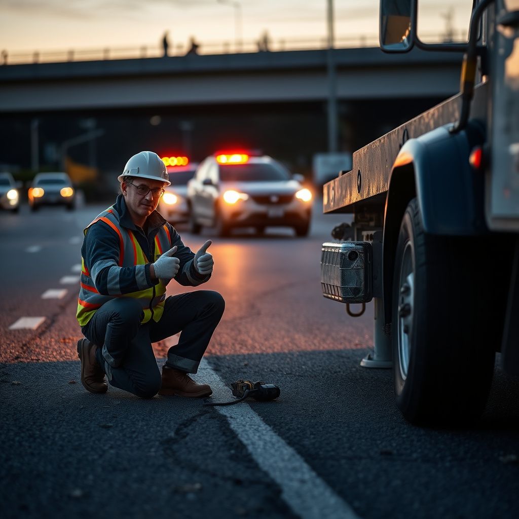 A professional tow truck operator in high-visibility gear performing a safety check on a vehicle before transport.