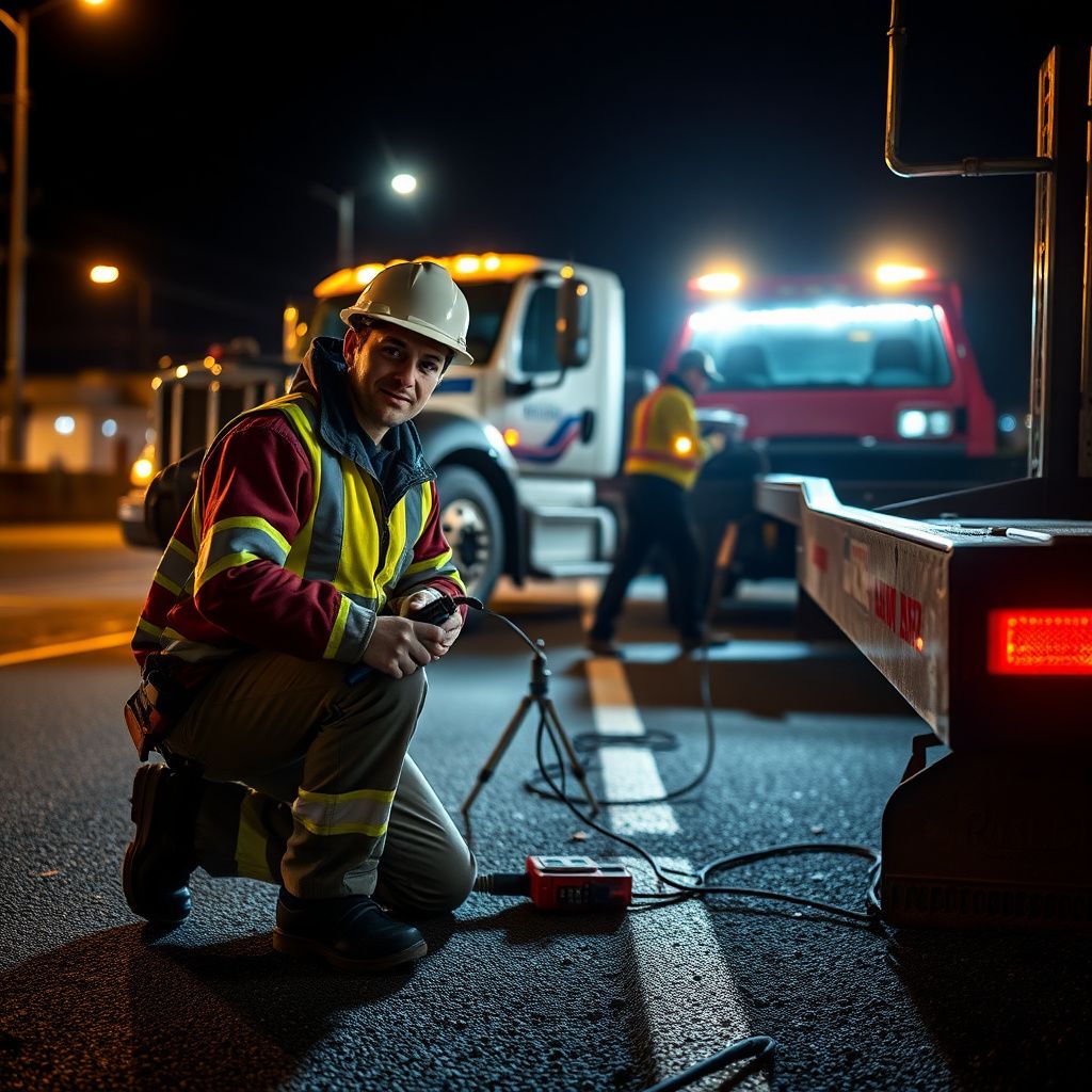 A clean, modern flatbed tow truck navigating a residential street in the Royal Bay neighborhood of Colwood.