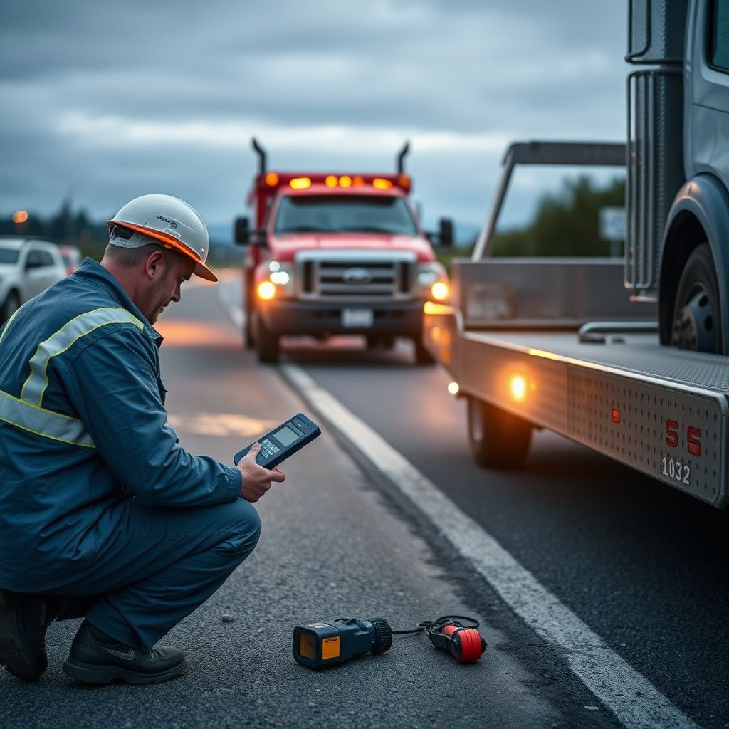 A tow truck operator in high-visibility gear performing a battery jump-start for a stranded motorist near the Sidney waterfront.