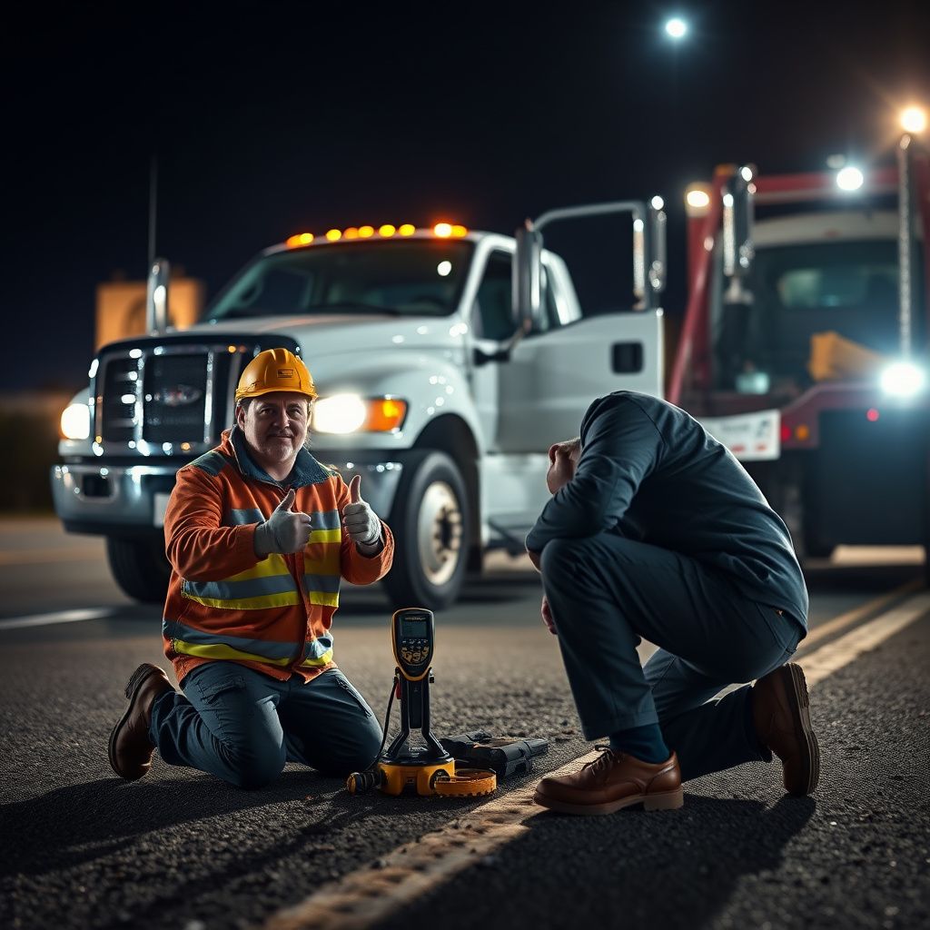 A tow truck operator using protective equipment to ensure a vehicle is recovered without damaging a paved estate driveway.