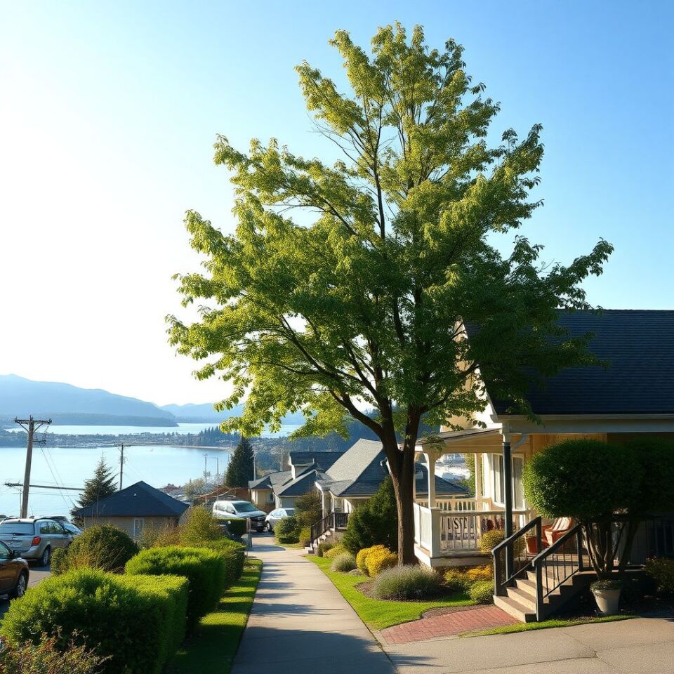 A professional flatbed tow truck parked near the Brentwood Bay ferry terminal at dusk with the Saanich Inlet in the background.