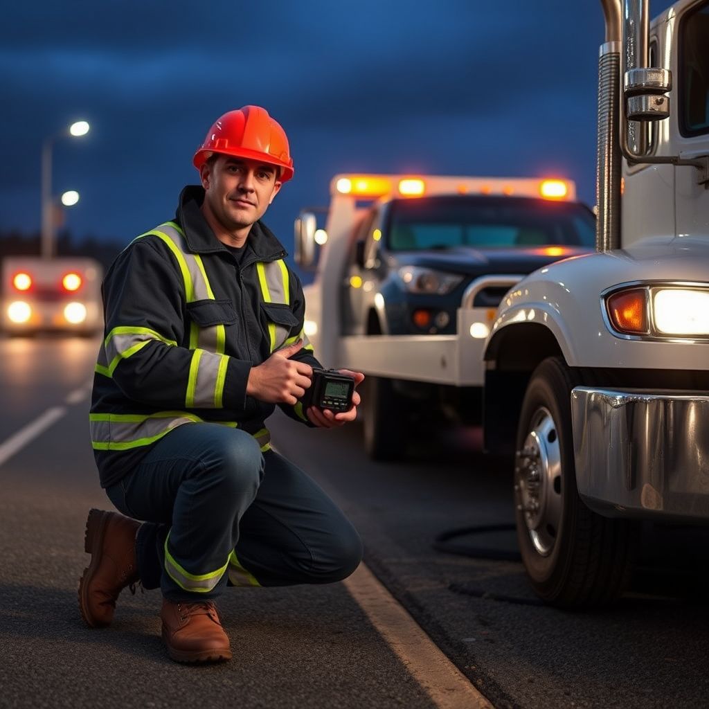 A tow truck safely staged on a narrow, paved road in Highlands with safety lights flashing during a recovery operation.